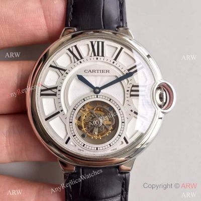 Copy Swiss Ballon Bleu de Cartier Tourbillon Watch SS Black Leather